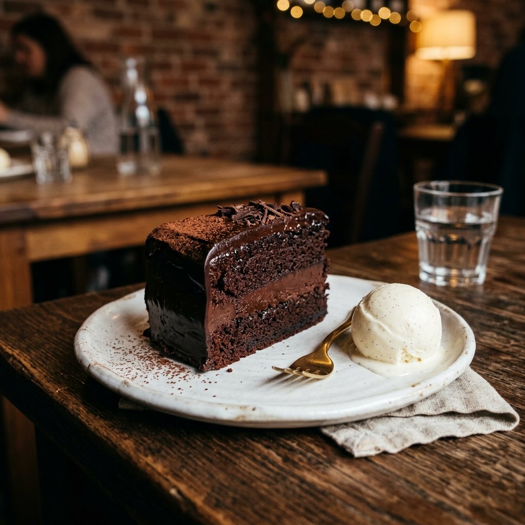 Rich chocolate truffle cake with vanilla ice cream