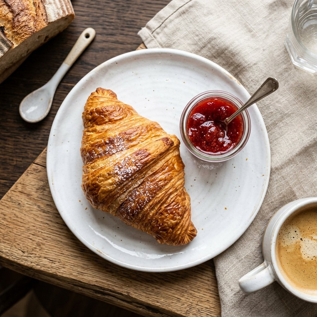 Freshly baked butter croissant with strawberry jam